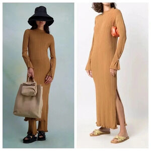 Holzweiler Hadeland Ribbed Knit Mock Neck Long Sleeve Maxi Dress Light Brown